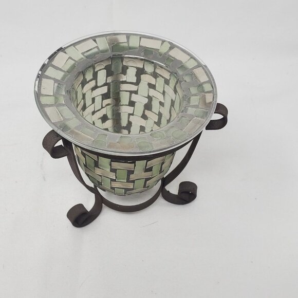 MOSAIC GLASS VOTIVE TEA LIGHT CANDLE HOLDER WITH BROWN METAL STAND - Picture 4 of 11
